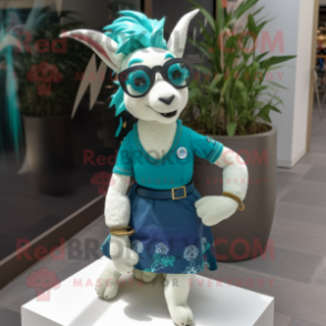 Teal Goat mascot costume character dressed with a Mini Skirt and Sunglasses