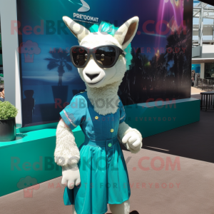 Teal Goat mascot costume character dressed with a Mini Skirt and Sunglasses
