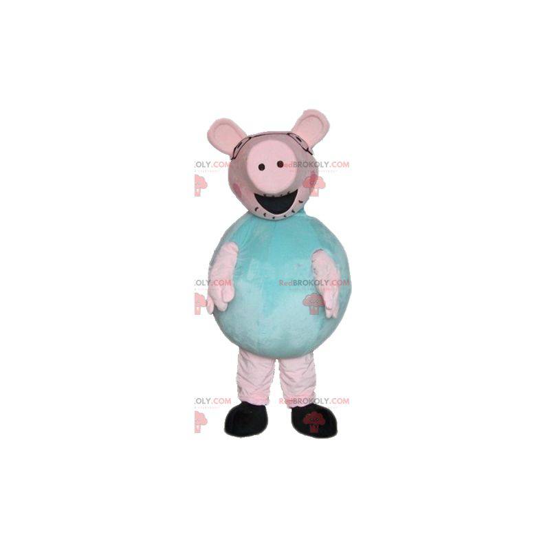 Mascotte groot roze en groen varken, mollig en grappig -