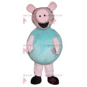 Grande mascote porco rosa e verde rechonchudo e engraçado -