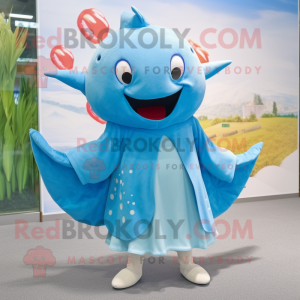 Sky Blue Stingray mascot costume character dressed with a Cardigan and Cummerbunds