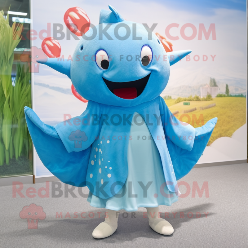 Sky Blue Stingray mascot costume character dressed with a Cardigan and Cummerbunds Sky Blue Stingray mascot costume character dressed with a Cardigan and Cummerbunds