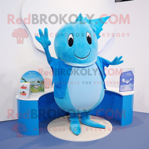 Sky Blue Stingray mascot costume character dressed with a Cardigan and Cummerbunds