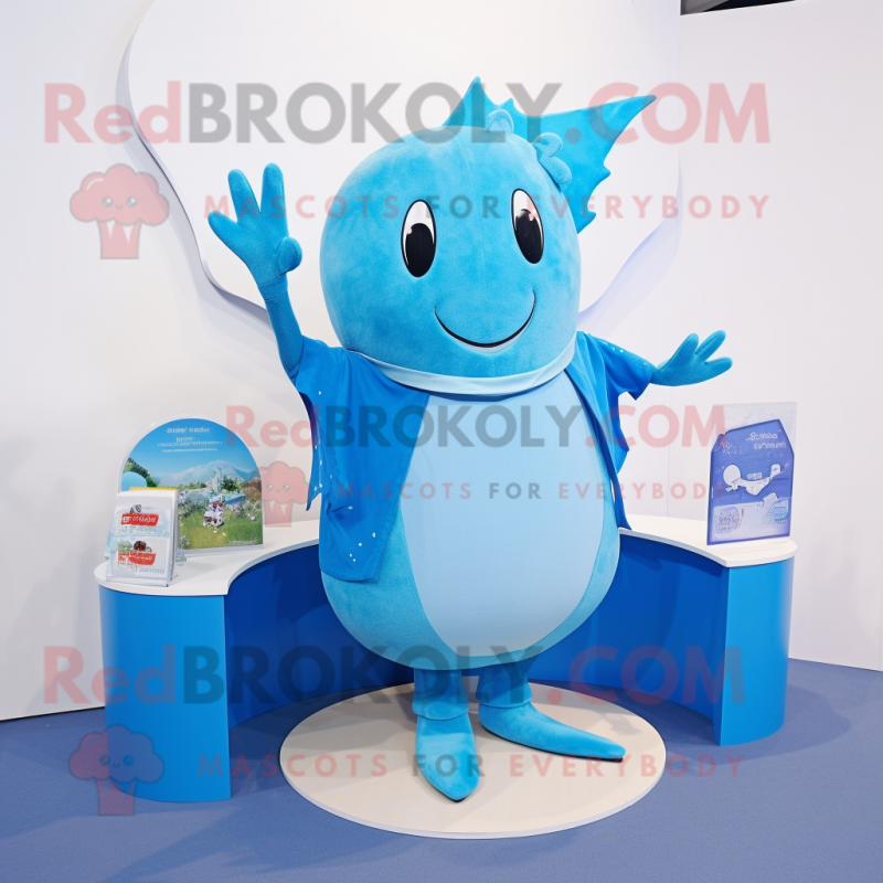 Sky Blue Stingray mascot costume character dressed with a Cardigan and Cummerbunds Sky Blue Stingray mascot costume character dressed with a Cardigan and Cummerbunds