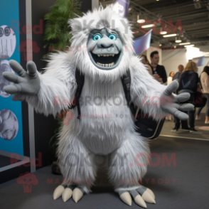 Gray Yeti mascot costume character dressed with a Bodysuit and Backpacks