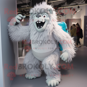 Gray Yeti mascot costume character dressed with a Bodysuit and Backpacks