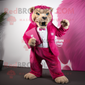 Magenta Smilodon mascot costume character dressed with a Suit Pants and Clutch bags