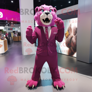 Magenta Smilodon mascot costume character dressed with a Suit Pants and Clutch bags