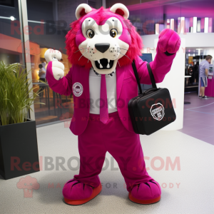 Magenta Smilodon mascot costume character dressed with a Suit Pants and Clutch bags