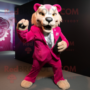 Magenta Smilodon mascot costume character dressed with a Suit Pants and Clutch bags