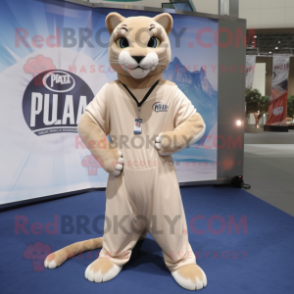 Tan Puma mascot costume character dressed with a Polo Tee and Shawl pins