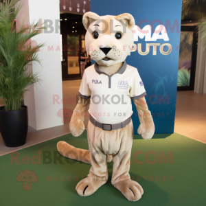 Tan Puma mascot costume character dressed with a Polo Tee and Shawl pins