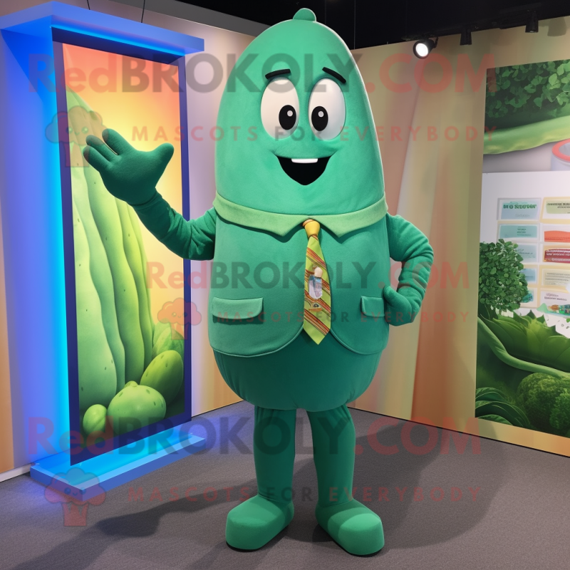 Turquoise Green Bean mascot costume character dressed with a Suit Jacket and Cummerbunds