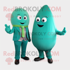 Turquoise Green Bean mascot costume character dressed with a Suit Jacket and Cummerbunds