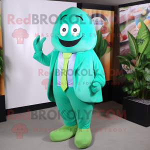 Turquoise Green Bean mascot costume character dressed with a Suit Jacket and Cummerbunds
