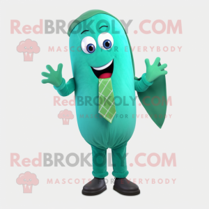 Turquoise Green Bean mascot costume character dressed with a Suit Jacket and Cummerbunds