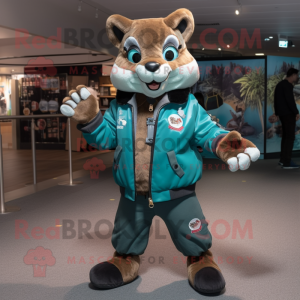 Teal Marten mascot costume character dressed with a Bomber Jacket and Anklets