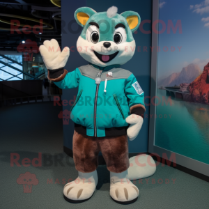 Teal Marten mascot costume character dressed with a Bomber Jacket and Anklets