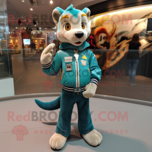 Teal Marten mascot costume character dressed with a Bomber Jacket and Anklets