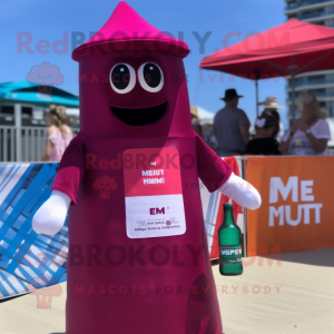 Magenta Bottle Of Ketchup mascot costume character dressed with a Swimwear and Pocket squares