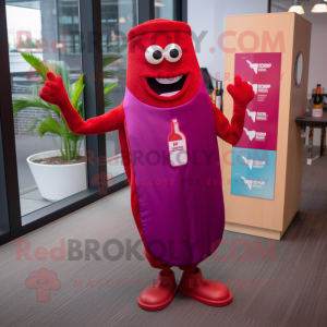 Magenta Bottle Of Ketchup mascot costume character dressed with a Swimwear and Pocket squares