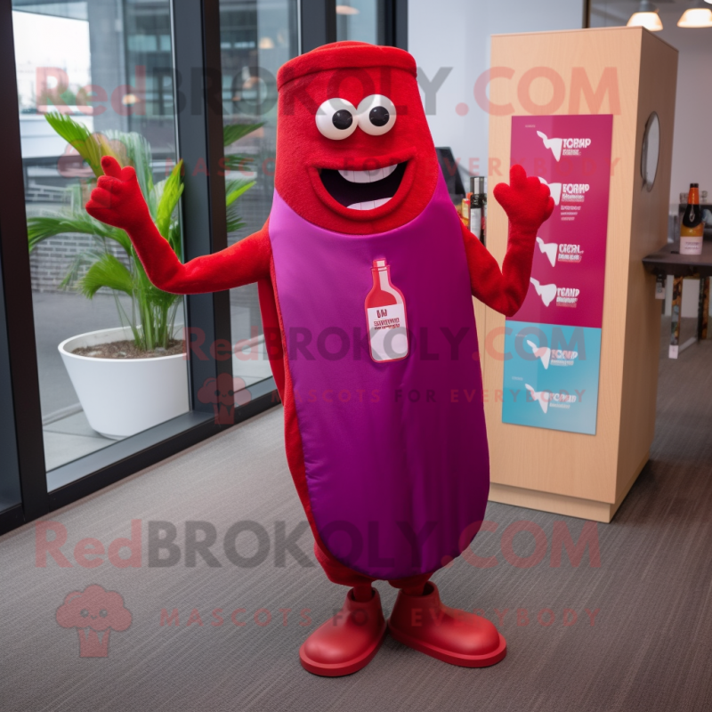 Magenta Bottle Of Ketchup mascot costume character dressed with a Swimwear and Pocket squares