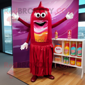 Magenta Bottle Of Ketchup mascot costume character dressed with a Swimwear and Pocket squares