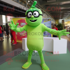 Lime Green Acrobat mascot costume character dressed with a T-Shirt and Eyeglasses