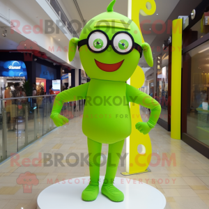 Lime Green Acrobat mascot costume character dressed with a T-Shirt and Eyeglasses