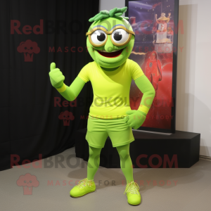 Lime Green Acrobat mascot costume character dressed with a T-Shirt and Eyeglasses