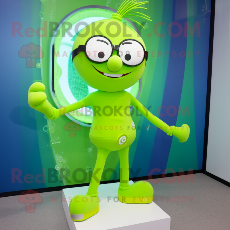 Lime Green Acrobat mascot costume character dressed with a T-Shirt and Eyeglasses Lime Green Acrobat mascot costume character dressed with a T-Shirt and Eyeglasses