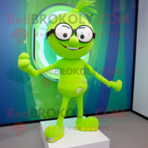 Lime Green Acrobat mascot costume character dressed with a T-Shirt and Eyeglasses