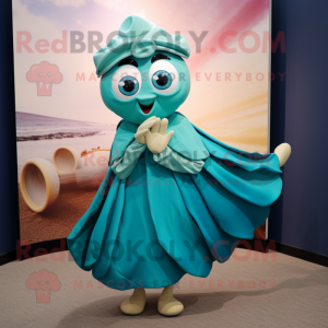 Teal Oyster mascot costume character dressed with a Dress and Wraps