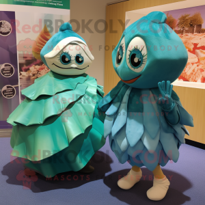 Teal Oyster mascot costume character dressed with a Dress and Wraps
