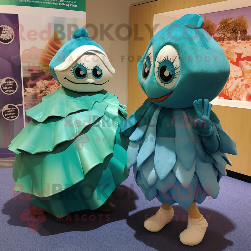 Teal Oyster mascot costume character dressed with a Dress and Wraps Teal Oyster mascot costume character dressed with a Dress and Wraps