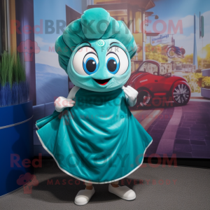 Teal Oyster mascot costume character dressed with a Dress and Wraps