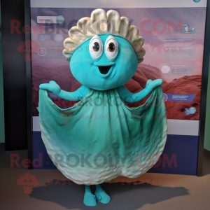Teal Oyster mascot costume character dressed with a Dress and Wraps