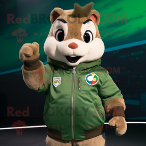 Green Chipmunk mascot costume character dressed with a Bomber Jacket and Necklaces