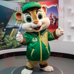 Green Chipmunk mascot costume character dressed with a Bomber Jacket and Necklaces