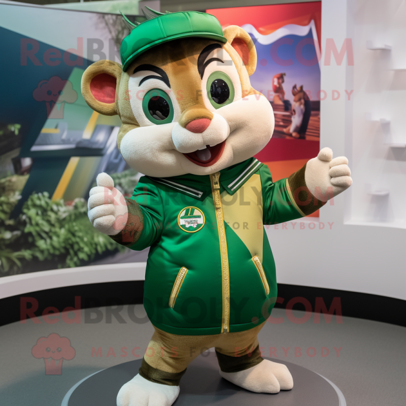 Green Chipmunk mascot costume character dressed with a Bomber Jacket and Necklaces Green Chipmunk mascot costume character dressed with a Bomber Jacket and Necklaces
