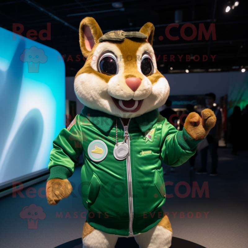 Green Chipmunk mascot costume character dressed with a Bomber Jacket and Necklaces