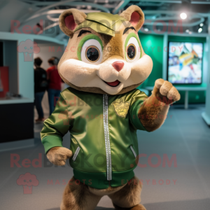 Green Chipmunk mascot costume character dressed with a Bomber Jacket and Necklaces