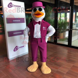 Magenta Goose mascot costume character dressed with a Romper and Pocket squares