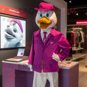 Magenta Goose mascot costume character dressed with a Romper and Pocket squares