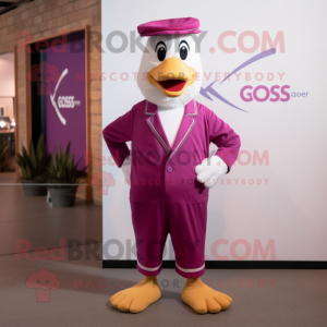 Magenta Goose mascot costume character dressed with a Romper and Pocket squares