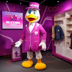 Magenta Goose mascot costume character dressed with a Romper and Pocket squares