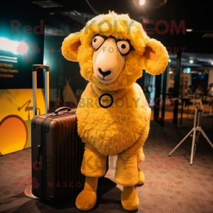 Gold Merino Sheep mascot costume character dressed with a Bodysuit and Briefcases