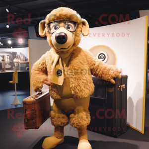 Gold Merino Sheep mascot costume character dressed with a Bodysuit and Briefcases