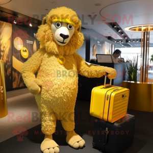 Gold Merino Sheep mascot costume character dressed with a Bodysuit and Briefcases