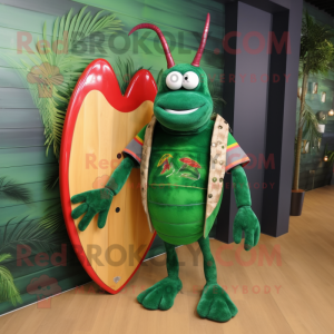 Forest Green Lobster mascot costume character dressed with a Board Shorts and Brooches